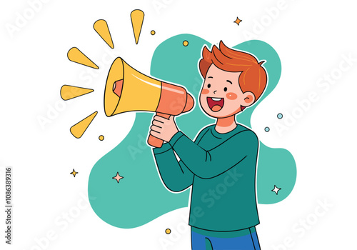 A boy is making an announcement using a megaphone.  Hand drawn style vector design illustrations.
