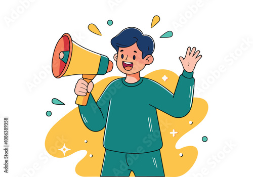 A boy is making an announcement using a megaphone.  Hand drawn style vector design illustrations.
