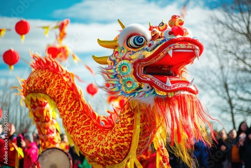 A vibrant dragon dance performance at a Chinese New Year festival, with bright costumes, drums, and cheering crowds, capturing the cultural celebration. photo