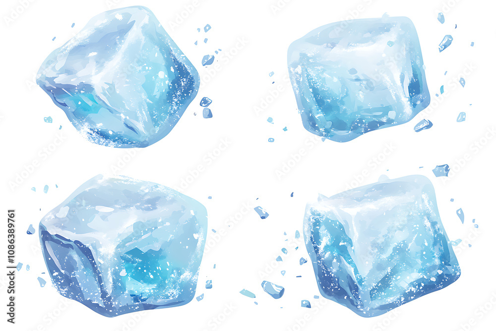 Four ice cubes with a glossy finish and scattered ice shards.