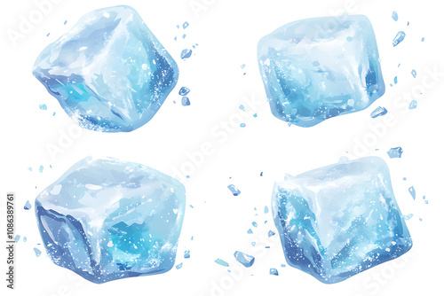 Four ice cubes with a glossy finish and scattered ice shards.