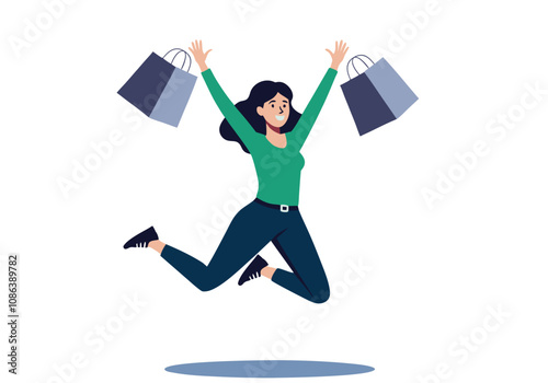 A woman jumps with joy, holding a paper bag in her hand, shopping. Hand drawn style vector design illustrations.
