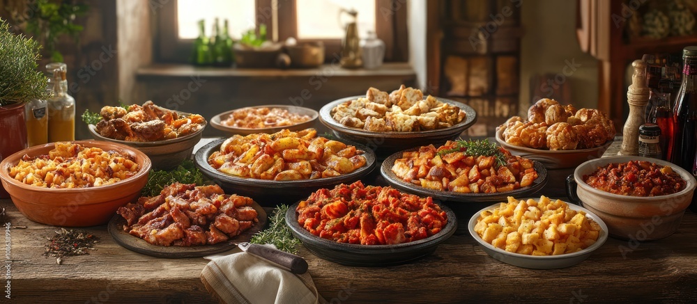 A rustic wooden table laden with a feast of hearty dishes, including roasted meats, potato wedges, pasta, and stews. A rustic wooden table laden with a feast of hearty dishes, including roasted meats, potato wedges, pasta, and stews.