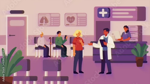 2d cartoon style animated illustration of hospital waiting hall. People sitting in chairs and waiting for doctor's appointment. Hospital, health care concepts. Loop animation in 4k.
