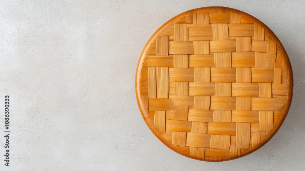 A round, woven bamboo coaster placed on a light gray surface, showcasing a natural, textured design. A round, woven bamboo coaster placed on a light gray surface, showcasing a natural, textured design.