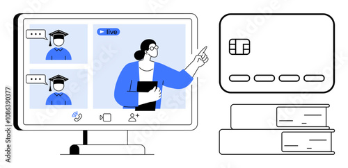 Instructor on a live video webinar pointing at a screen with graduates, a credit card, and stacked books. Ideal for online learning, virtual classes, e-commerce, digital education, finance, webinars