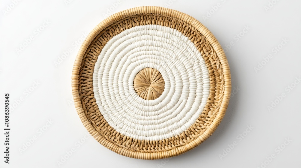 A beautifully woven round basket with a spiral design, featuring a natural and white color scheme, perfect for decorative use or storage. A beautifully woven round basket with a spiral design, featuring a natural and white color scheme, perfect for decorative use or storage.