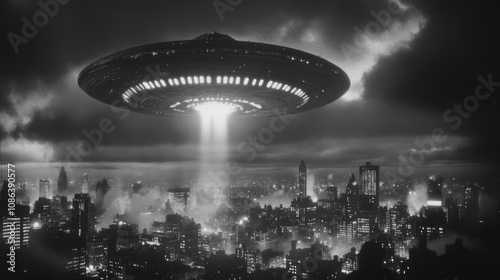 Massive alien mothership hovering ominously over a 1950s city skyline, glowing lights, dark clouds swirling, citizens looking up in fear