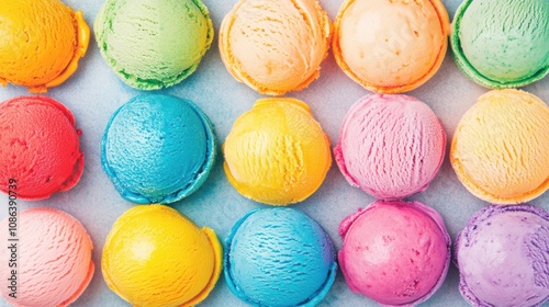 Various vibrant ice cream flavors are beautifully arranged in a colorful, enticing display, perfect for a summer refreshment