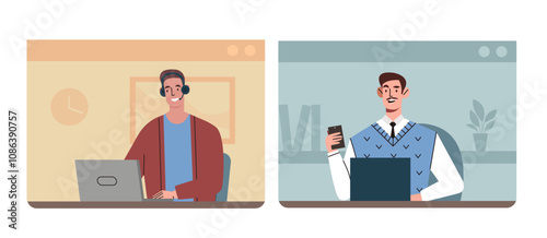 Online work business meeting. Men with laptops communicate via video call. Communication and interaction on Internet and social networks. Flat vector illustration isolated on white background