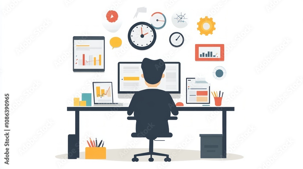 Modern Workspace Illustration: Focused Employee at Work Modern Workspace Illustration: Focused Employee at Work