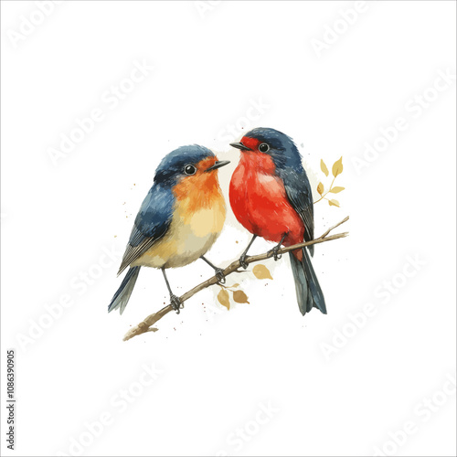 Watercolor lovebirds couple on a branch clipart. love Birds and heart watercolor illustration.