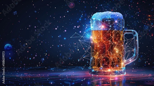 A glass of beer with foam on top, illuminated with a network of lights. photo