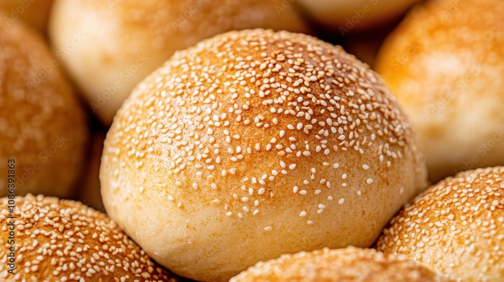 A collection of sesame seed buns reveals their golden brown crust and sprinkle of sesame seeds, highlighting their fresh-baked appeal A collection of sesame seed buns reveals their golden brown crust and sprinkle of sesame seeds, highlighting their fresh-baked appeal