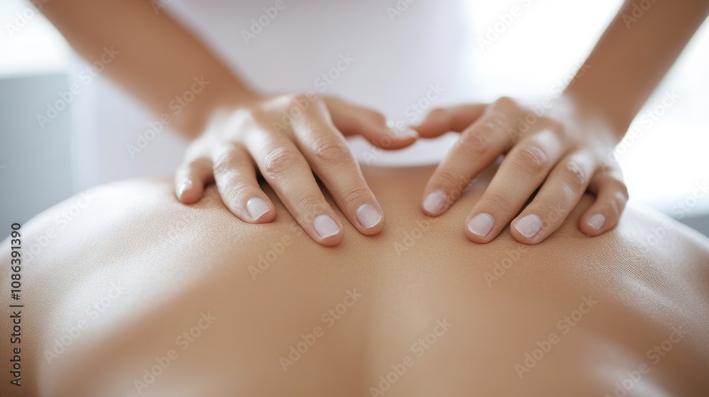 A therapist uses their hands to deliver a calming massage to a client's back in a tranquil setting, promoting relaxation and well-being A therapist uses their hands to deliver a calming massage to a client's back in a tranquil setting, promoting relaxation and well-being