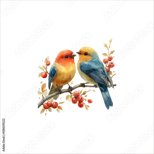 Watercolor lovebirds couple on a branch clipart. love Birds and heart watercolor illustration.