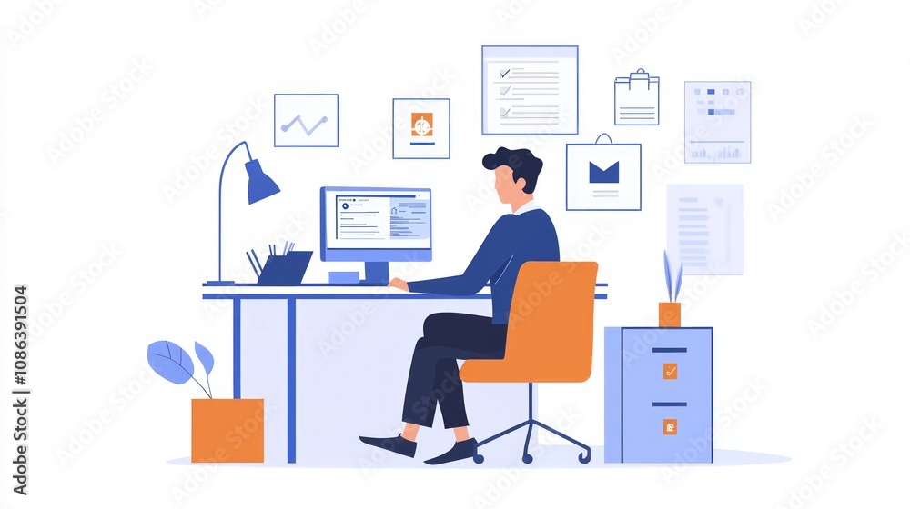 Modern Office Scene: Focused Worker at Desk Modern Office Scene: Focused Worker at Desk
