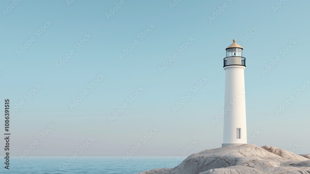 White Lighthouse Overlooking the Serene Sea and Blue Sky Representing Guidance and Coastal Tranquility White Lighthouse Overlooking the Serene Sea and Blue Sky Representing Guidance and Coastal Tranquility