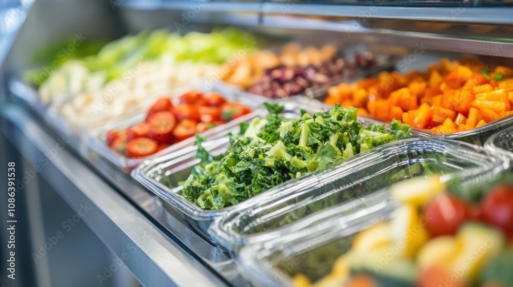 Fresh hot meals are served in a cafeteria, showcasing a vibrant selection of vegetables and salads for patrons to enjoy at lunchtime