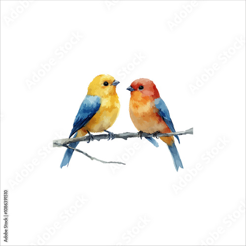 Watercolor lovebirds couple on a branch clipart. love Birds and heart watercolor illustration.