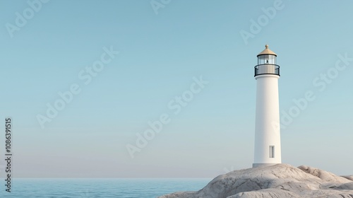 White Lighthouse Overlooking the Serene Sea and Blue Sky Representing Guidance and Coastal Tranquility