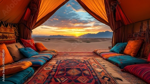 Colorful desert tent with cushions.