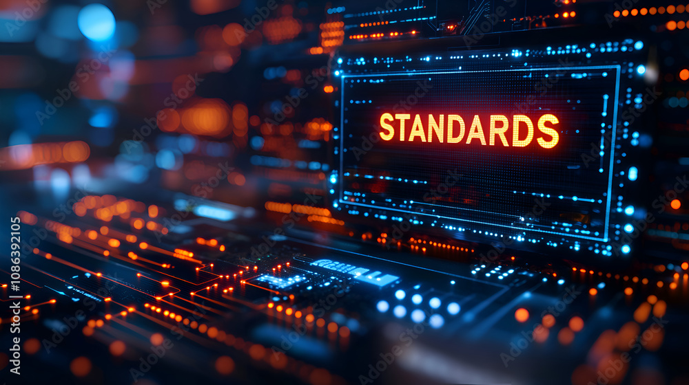 Futuristic Technology Network Background with Blue and Orange Circuits and Data Standards Visualization Futuristic Technology Network Background with Blue and Orange Circuits and Data Standards Visualization