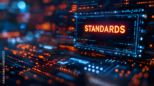 Futuristic Technology Network Background with Blue and Orange Circuits and Data Standards Visualization
