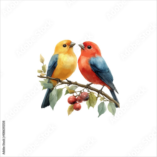 Watercolor lovebirds couple on a branch clipart. love Birds and heart watercolor illustration.