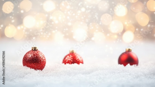 Beautiful red ornaments rest on a blanket of fresh snow, surrounded by glimmering lights that evoke the holiday spirit