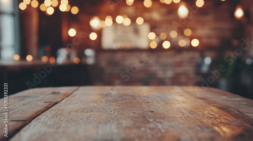 The rustic wooden tabletop sits empty, surrounded by warm lights that create a cozy atmosphere in the inviting space