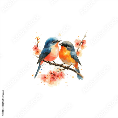 Watercolor lovebirds couple on a branch clipart. love Birds and heart watercolor illustration.