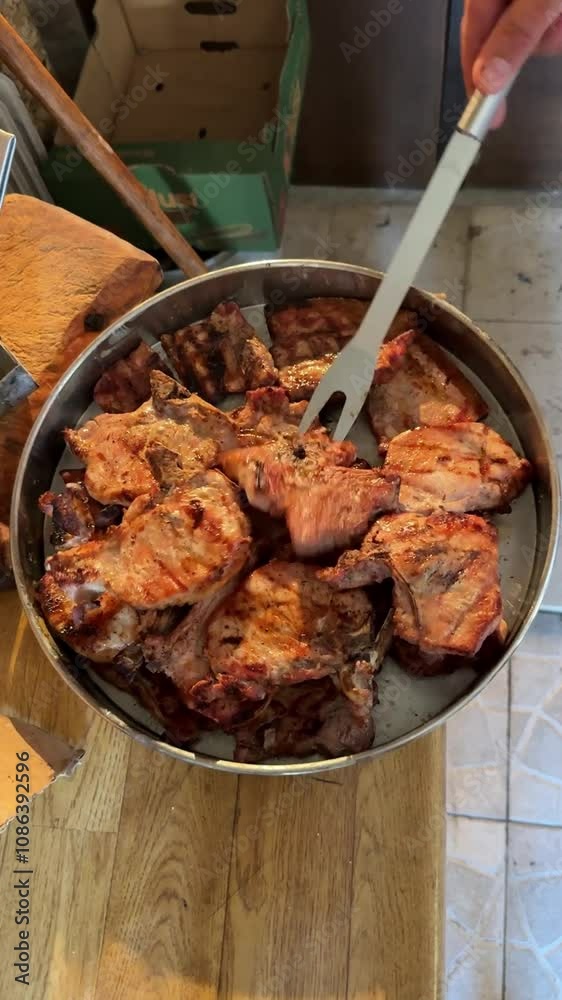 overhead view, freshly cooked grilled meat barbecue steaks in tray overhead view, freshly cooked grilled meat barbecue steaks in tray