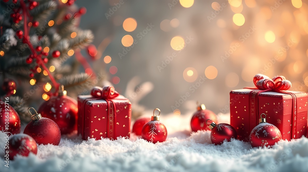 Christmas background card with red gifts and copy-paste