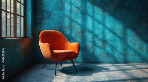 A vibrant orange chair in a blue-toned room with natural light.
