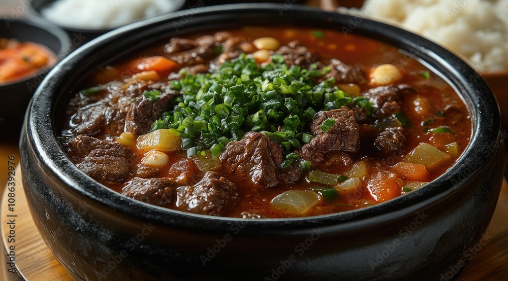 Hearty beef stew with vegetables and herbs in a rustic bowl, garnished with fresh chives. Hearty beef stew with vegetables and herbs in a rustic bowl, garnished with fresh chives.