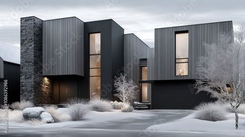 Striking black house with expansive windows, a modern architectural masterpiece embracing natural light and scenic views