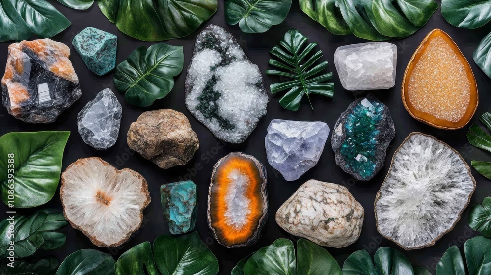 Vibrant crystals and lush green leaves, a colorful display of nature's wonders discover Vibrant crystals and lush green leaves, a colorful display of nature's wonders discover
