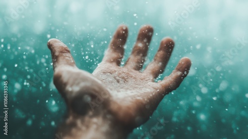 A hand emerges from the surface of clear water, sending droplets cascading and splashing, conveying a sense of reaching or calling photo