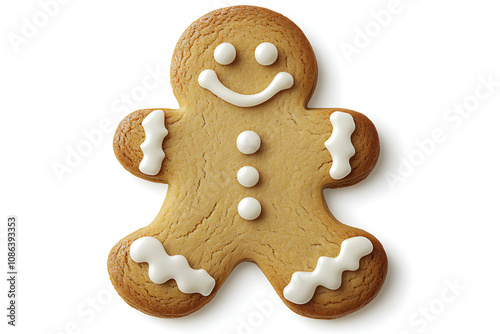 A decorated gingerbread cookie shaped like a cheerful man.
