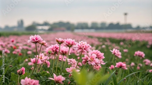 Pink flowers in a field with a blurry foreground and background of flowers, garden scene, lush green grass, soft pink petals