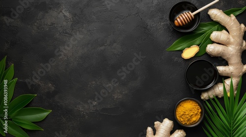 Closeup of fresh ginger root on a dark background, detailed macro image for culinary and wellness concepts photo