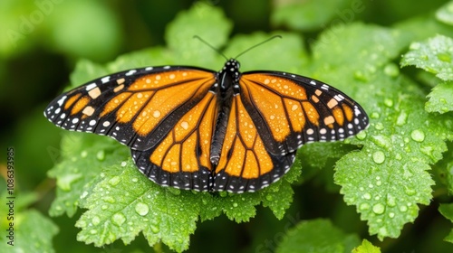 A monarch butterfly rests on lush green foliage, showcasing its vivid orange and black wings while glistening with tiny water droplets