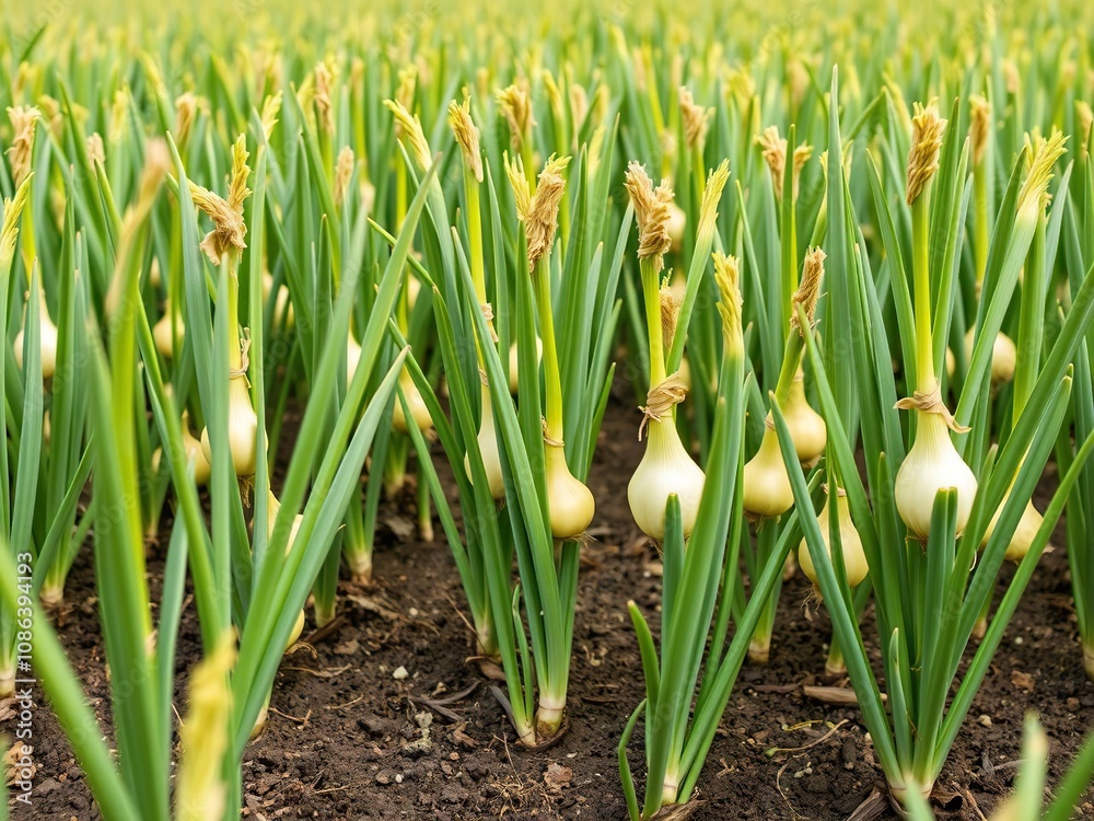 Fototapeta premium Row of yellow onions growing in a field, agriculture, growth, sunlight