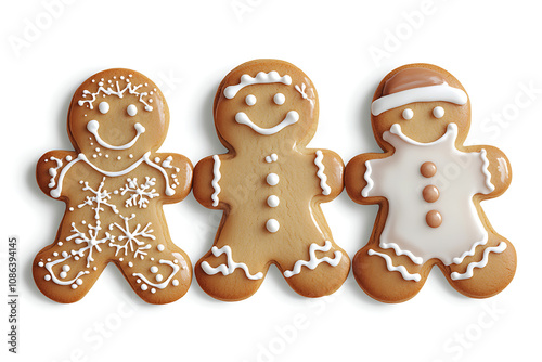 Three decorated gingerbread cookies in festive designs.