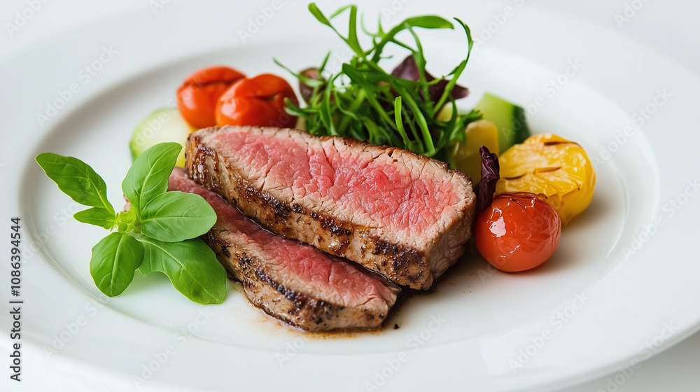 Grilled Steak and Vegetable Medley: A tantalizing close-up of a perfectly grilled steak, sliced and resting on a bed of fresh vegetables, showcasing the culinary artistry of a gourmet meal. Grilled Steak and Vegetable Medley: A tantalizing close-up of a perfectly grilled steak, sliced and resting on a bed of fresh vegetables, showcasing the culinary artistry of a gourmet meal.