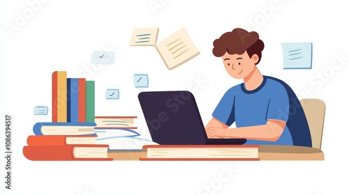 Focused Student Studying with Laptop and Books