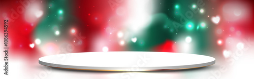 White blank pedestal on blur Christmas background. Christmas background design for product display. Vector illustration.