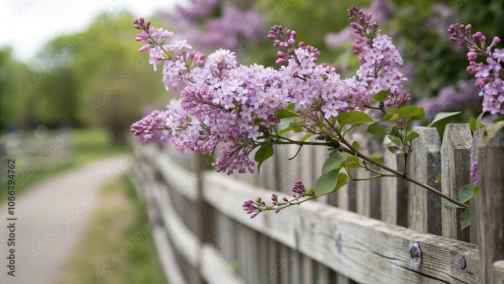 Obraz premium Soft focus shot of lilac blooms on a wooden fence with a blurred background, blooming lilacs, lilac blooms, garden accents