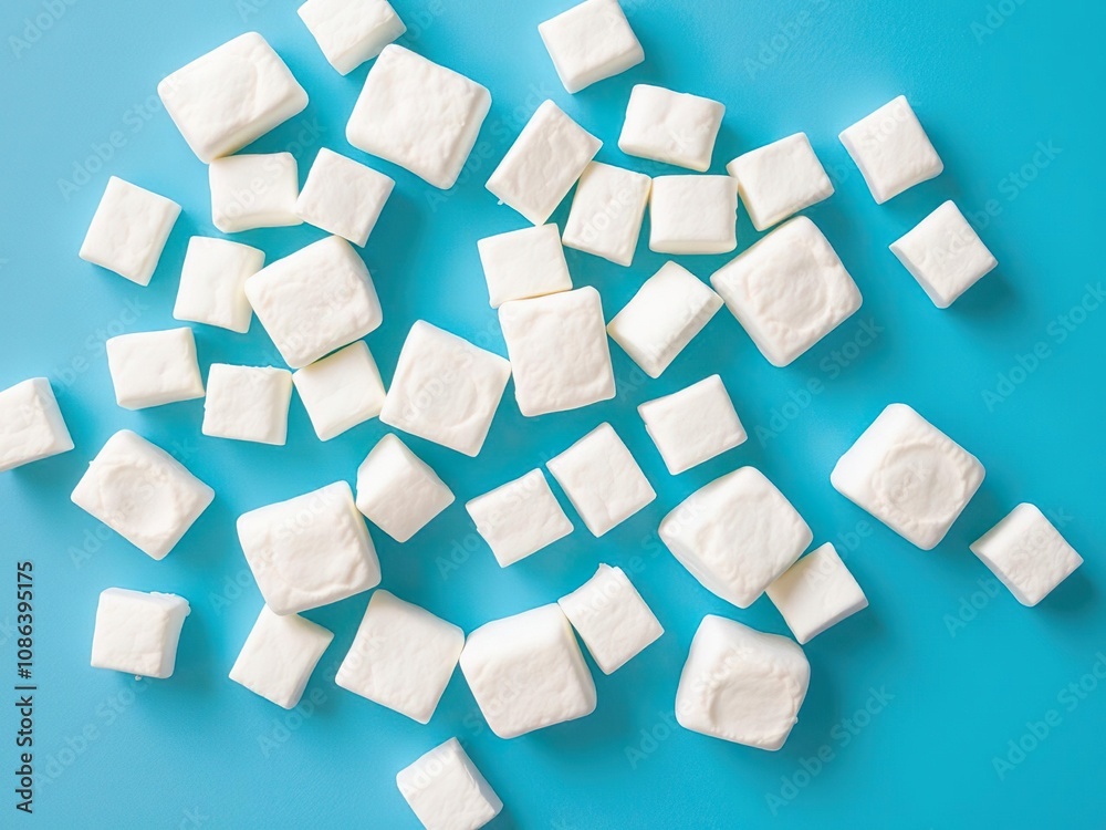 Softly scattered marshmallows on a blue background, dessert, happy